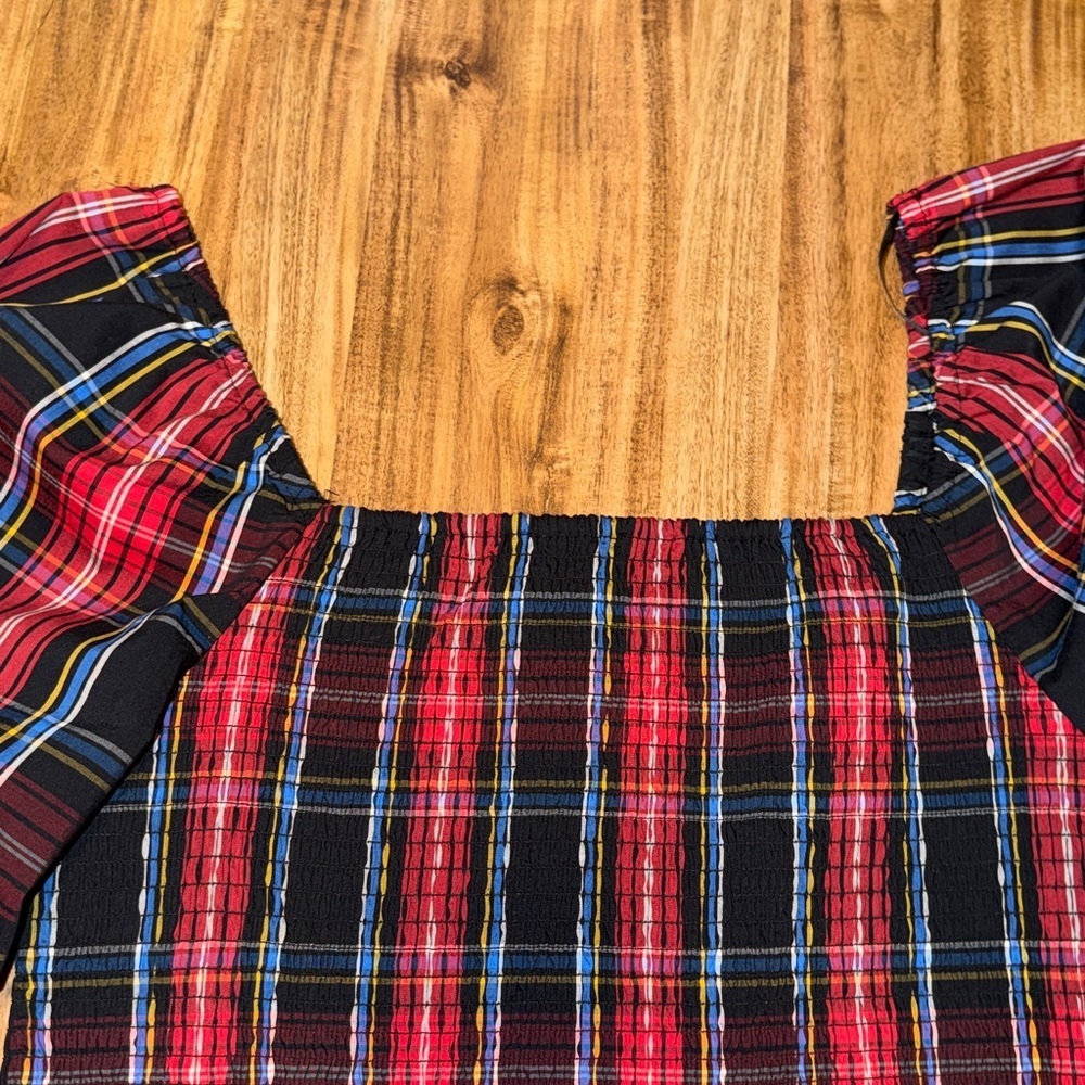 Draper James womens large Top Smocked Peplum Puff Sleeves Red Black Plaid nwot - Picture 4 of 9